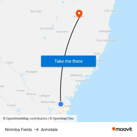 Nirimba Fields to Armidale map
