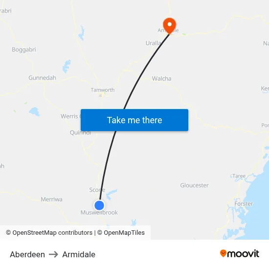 Aberdeen to Armidale map