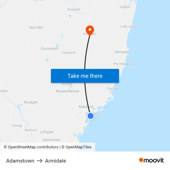 Adamstown to Armidale map