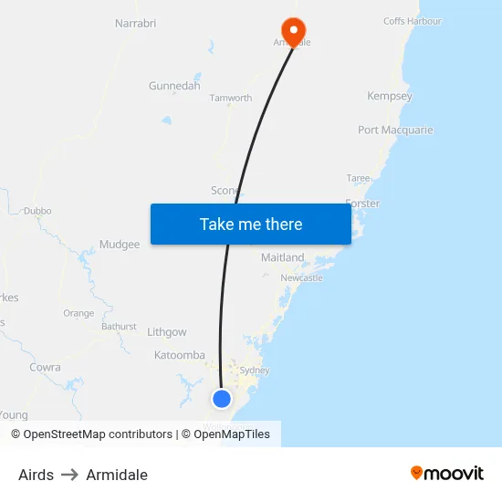 Airds to Armidale map