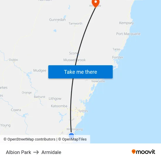 Albion Park to Armidale map