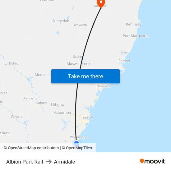Albion Park Rail to Armidale map