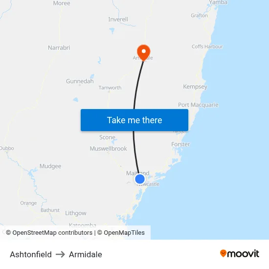 Ashtonfield to Armidale map