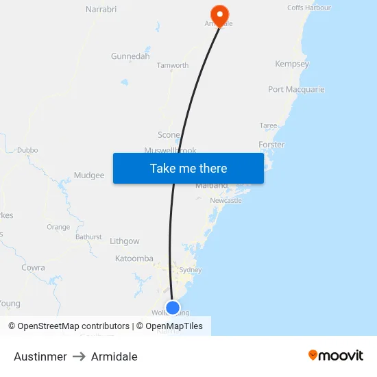 Austinmer to Armidale map