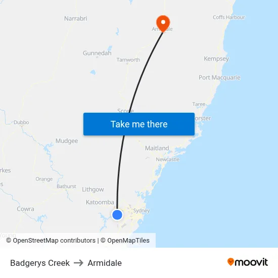 Badgerys Creek to Armidale map