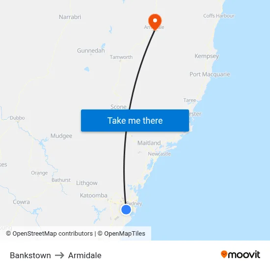 Bankstown to Armidale map