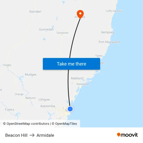 Beacon Hill to Armidale map