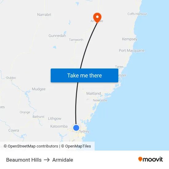 Beaumont Hills to Armidale map