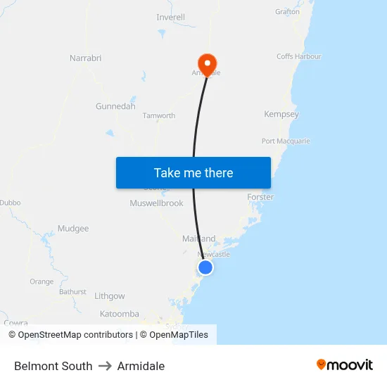 Belmont South to Armidale map