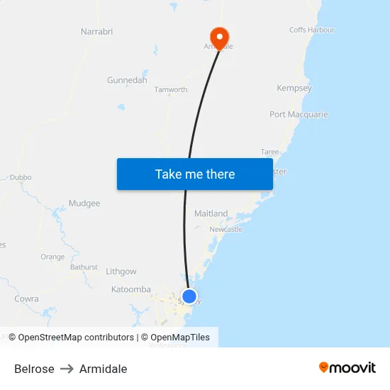 Belrose to Armidale map