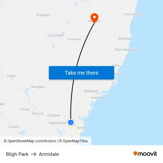 Bligh Park to Armidale map