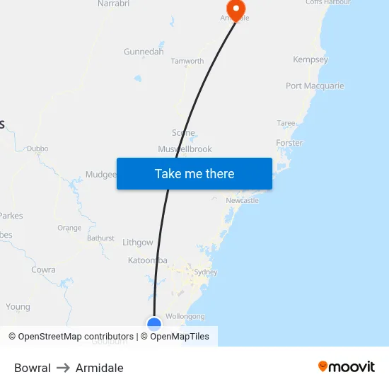 Bowral to Armidale map