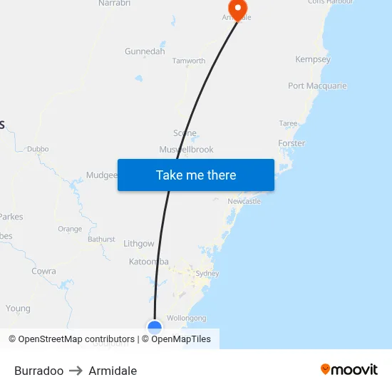 Burradoo to Armidale map