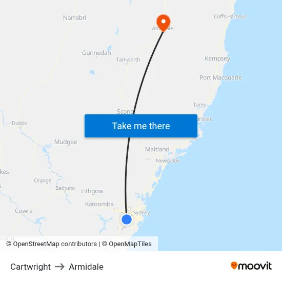 Cartwright to Armidale map