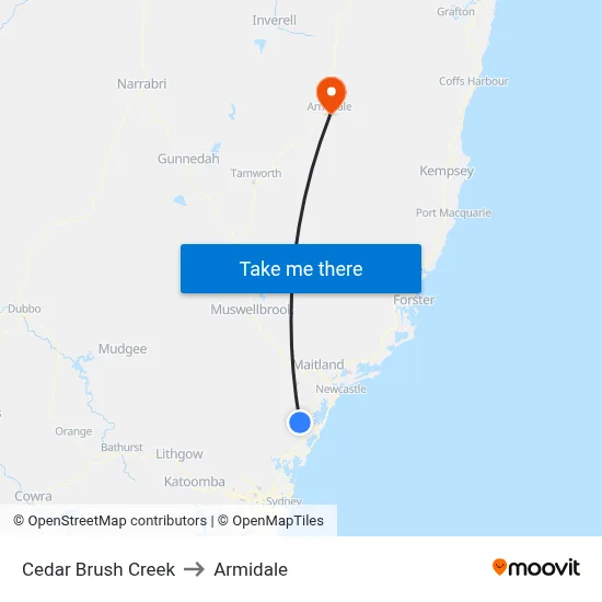 Cedar Brush Creek to Armidale map