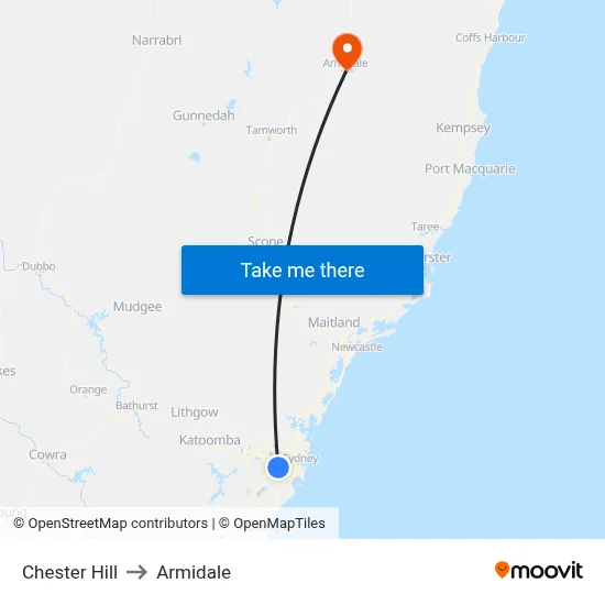 Chester Hill to Armidale map