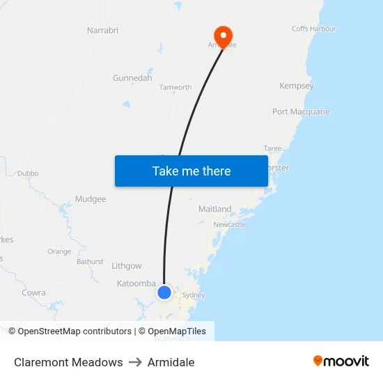 Claremont Meadows to Armidale map