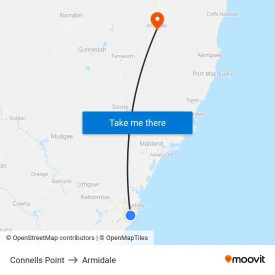 Connells Point to Armidale map