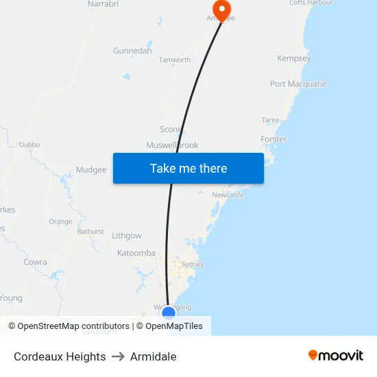 Cordeaux Heights to Armidale map