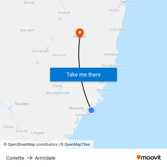 Corlette to Armidale map