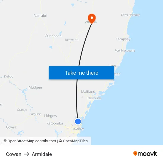 Cowan to Armidale map