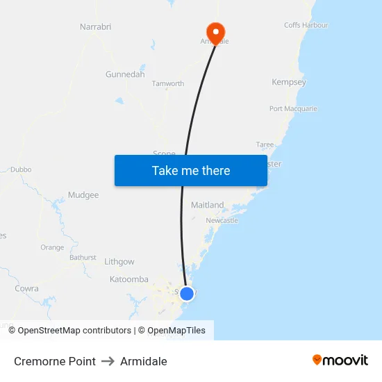 Cremorne Point to Armidale map