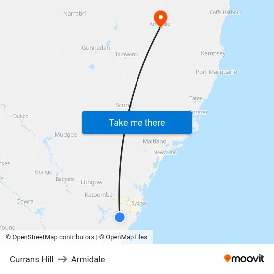 Currans Hill to Armidale map