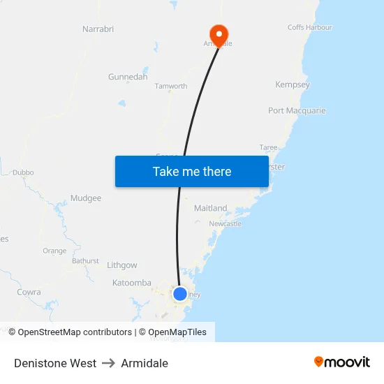 Denistone West to Armidale map