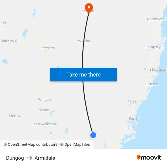 Dungog to Armidale map