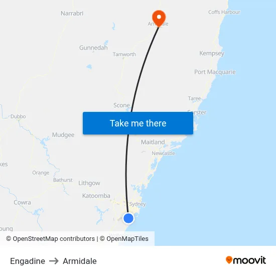 Engadine to Armidale map