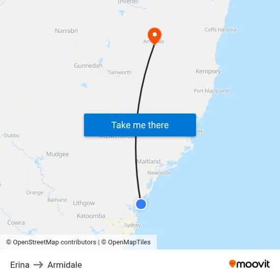 Erina to Armidale map