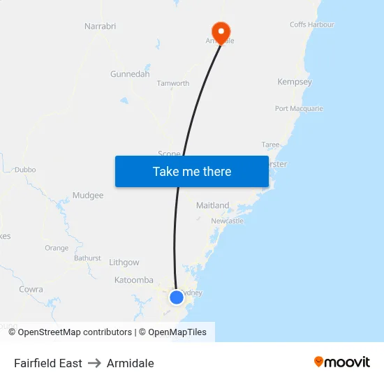 Fairfield East to Armidale map
