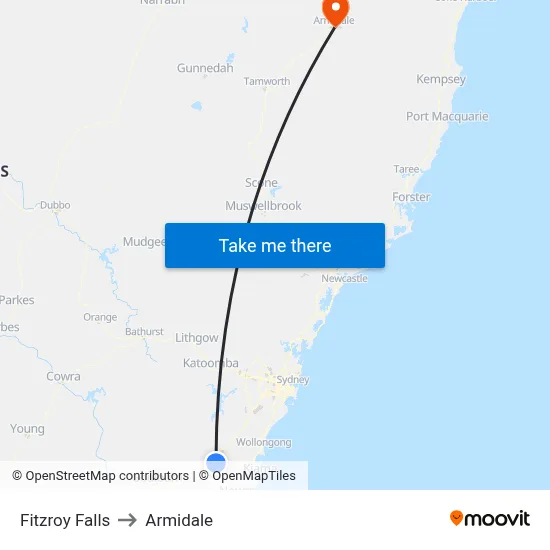 Fitzroy Falls to Armidale map