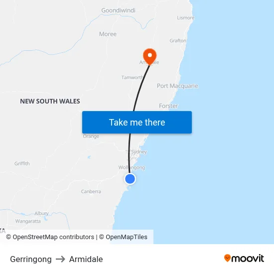 Gerringong to Armidale map