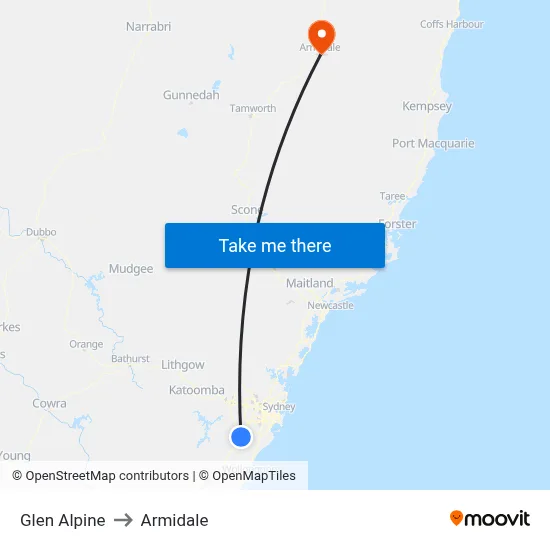 Glen Alpine to Armidale map