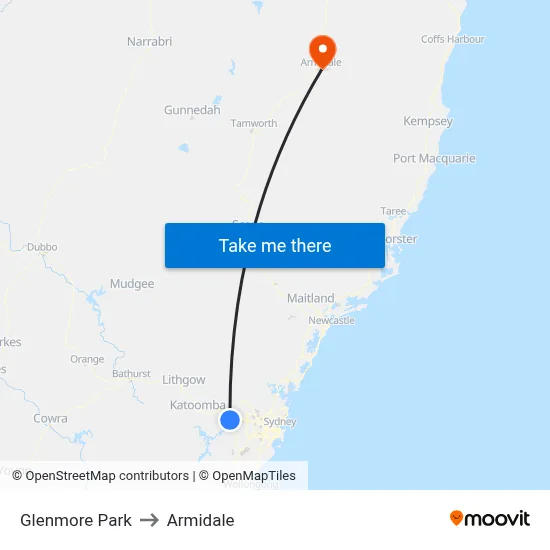 Glenmore Park to Armidale map