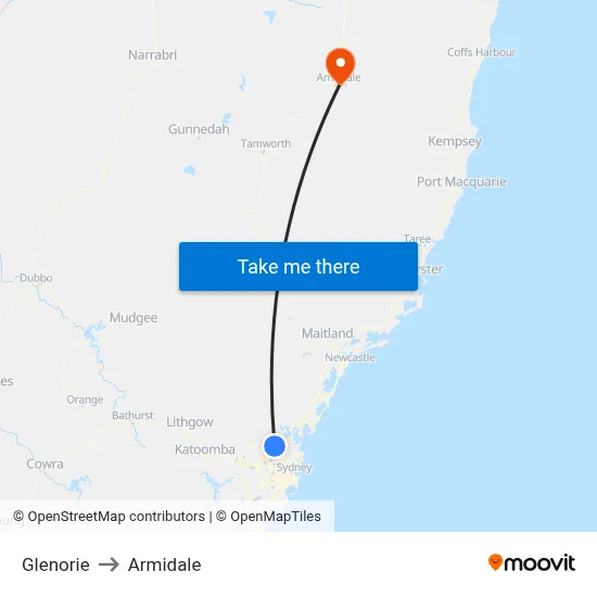 Glenorie to Armidale map