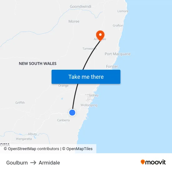 Goulburn to Armidale map