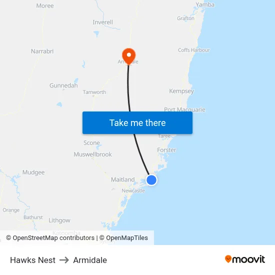 Hawks Nest to Armidale map