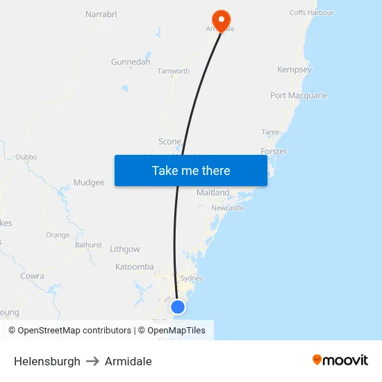 Helensburgh to Armidale map