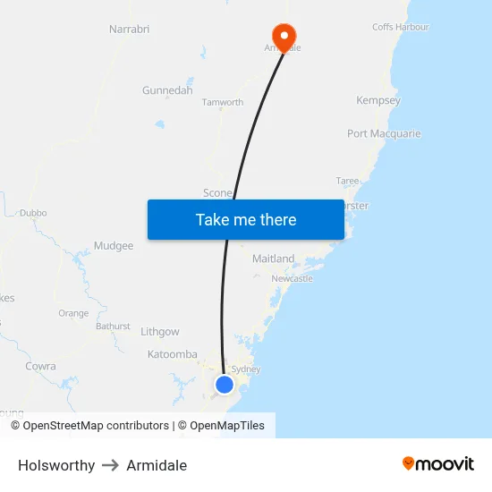 Holsworthy to Armidale map