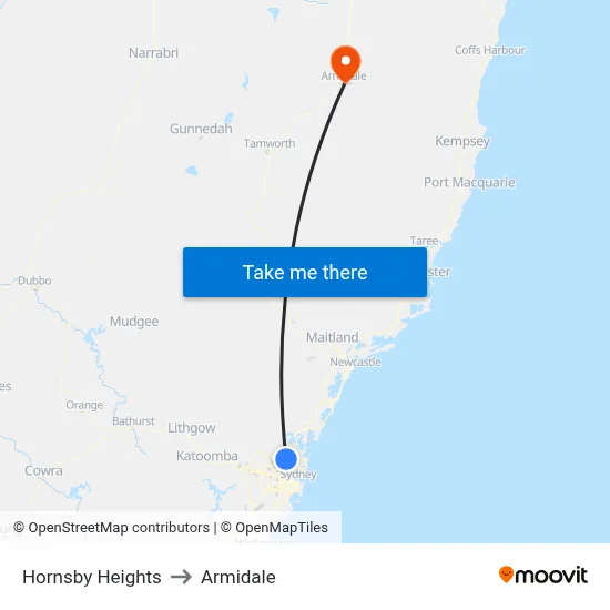 Hornsby Heights to Armidale map