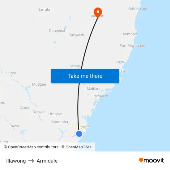 Illawong to Armidale map