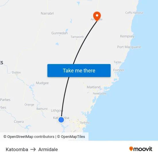 Katoomba to Armidale map