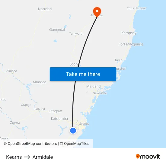 Kearns to Armidale map