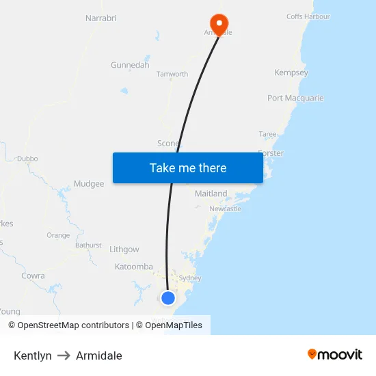 Kentlyn to Armidale map