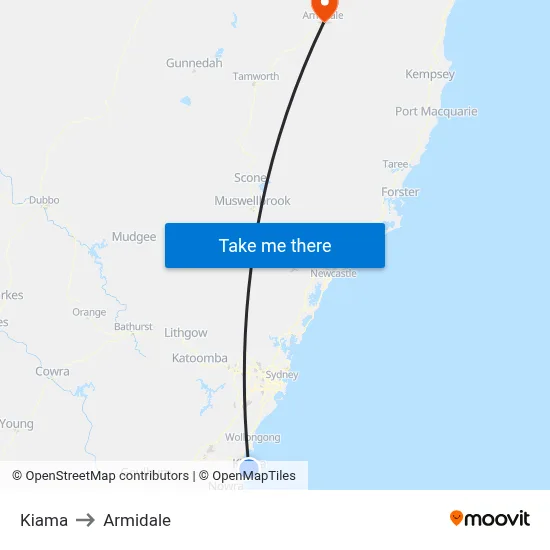 Kiama to Armidale map