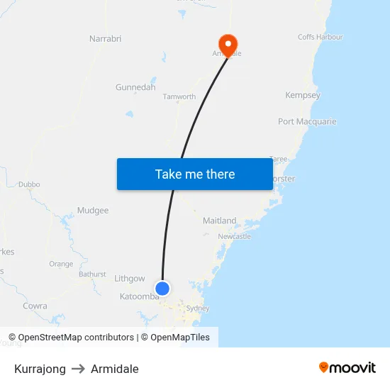 Kurrajong to Armidale map