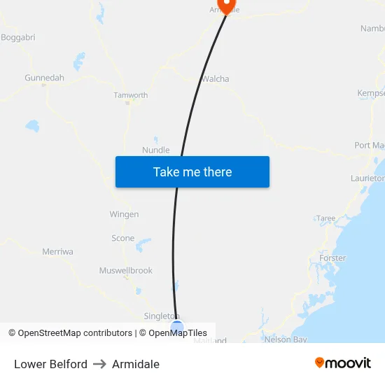 Lower Belford to Armidale map