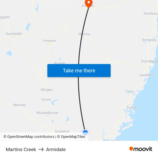 Martins Creek to Armidale map